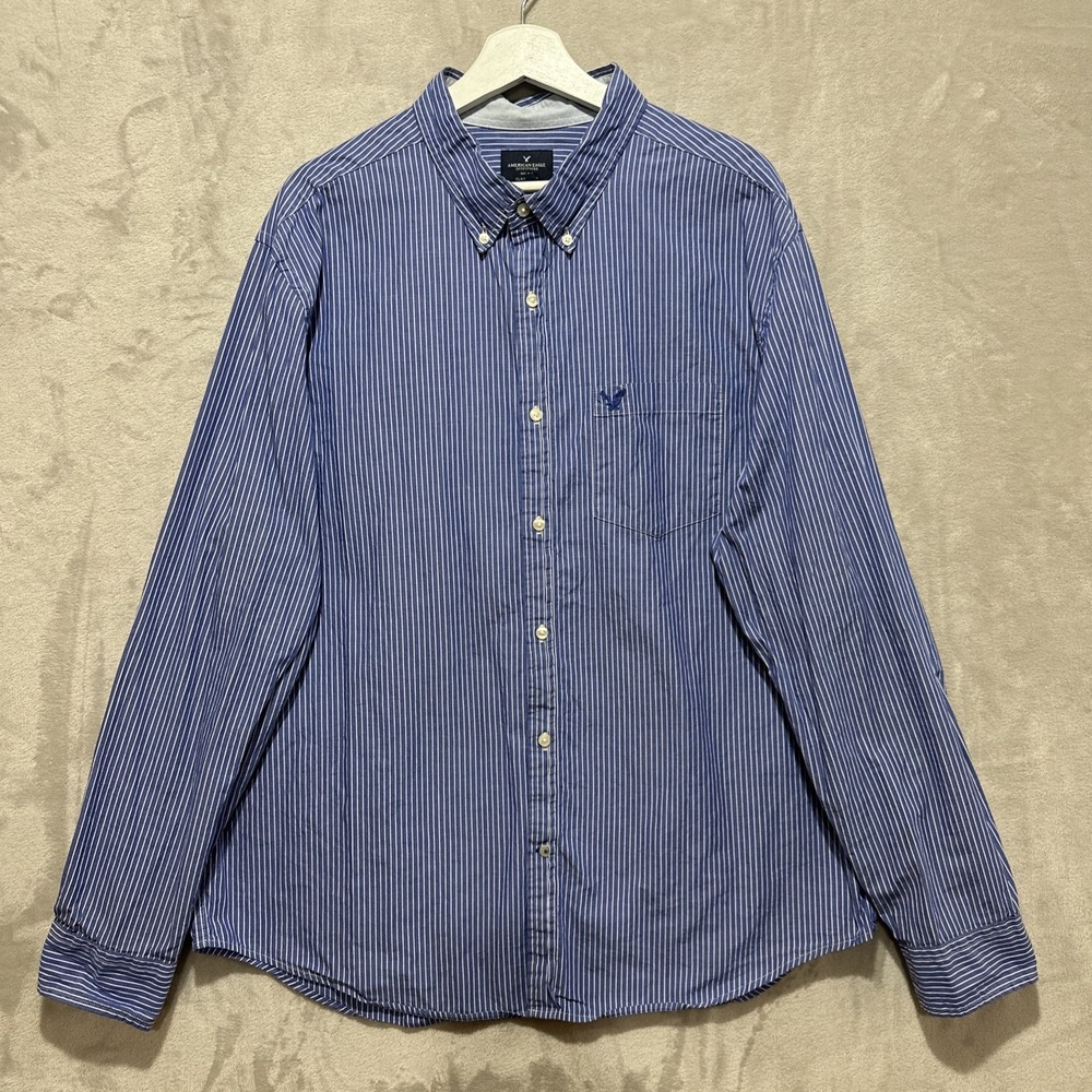American Eagle Shirt Men's 2XL Blue White Striped Button Up Long Sleeve Logo